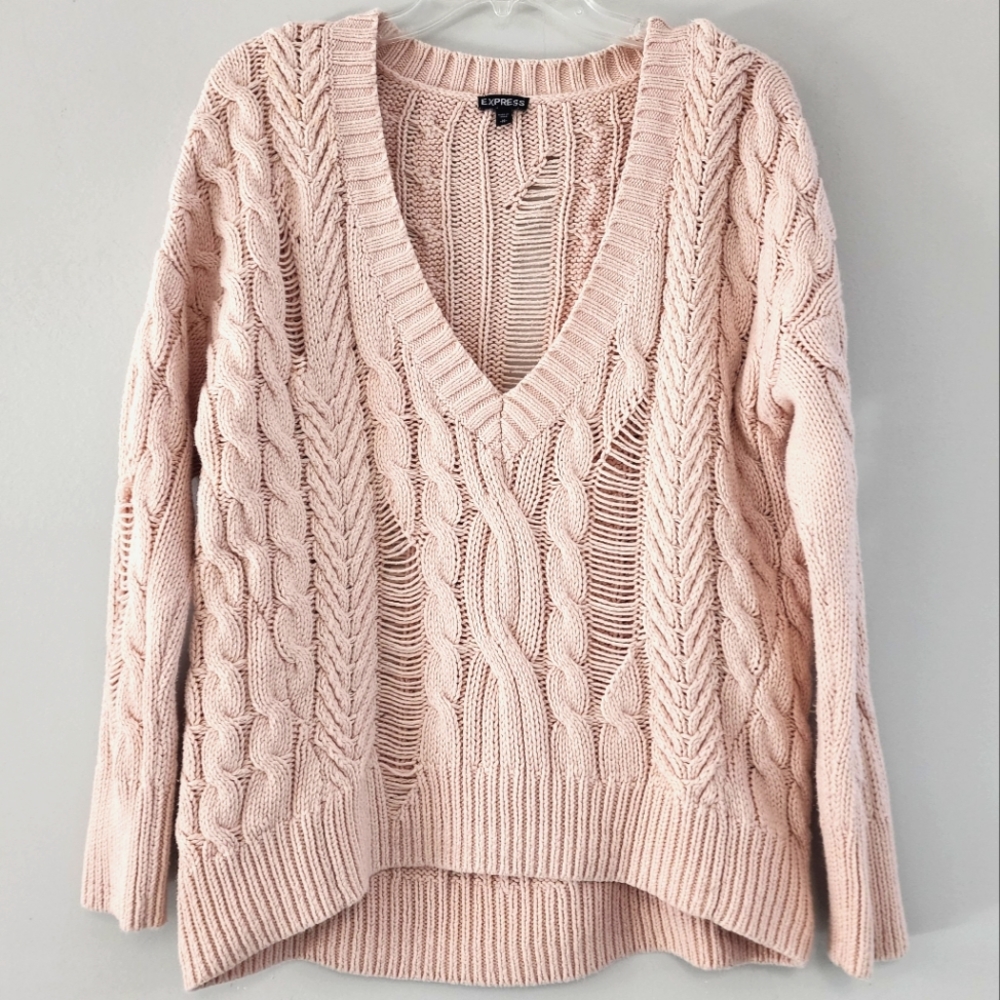 Express cable knit distressed slouchy low scoop vneck peach sweater